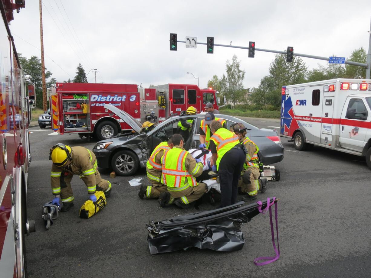 One person was hurt in a T-bone crash Monday around noon in Battle Ground.