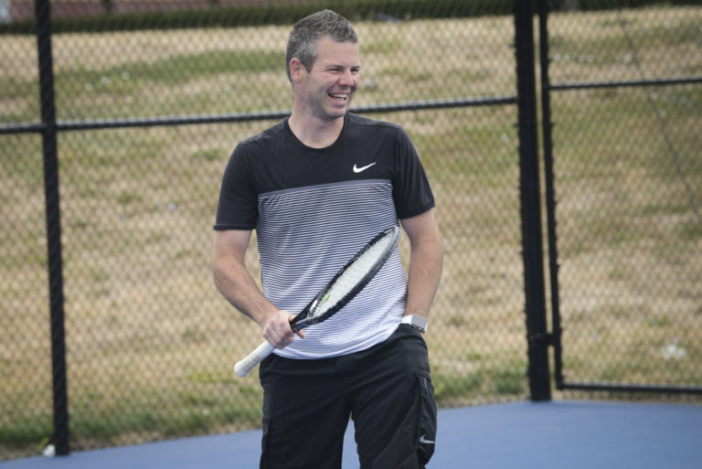 Brent Waddle the manager of the Vancouver Tennis Center plays tennis in the newly re-built outdoor tennis courts, Tuesday August 30, 2016.