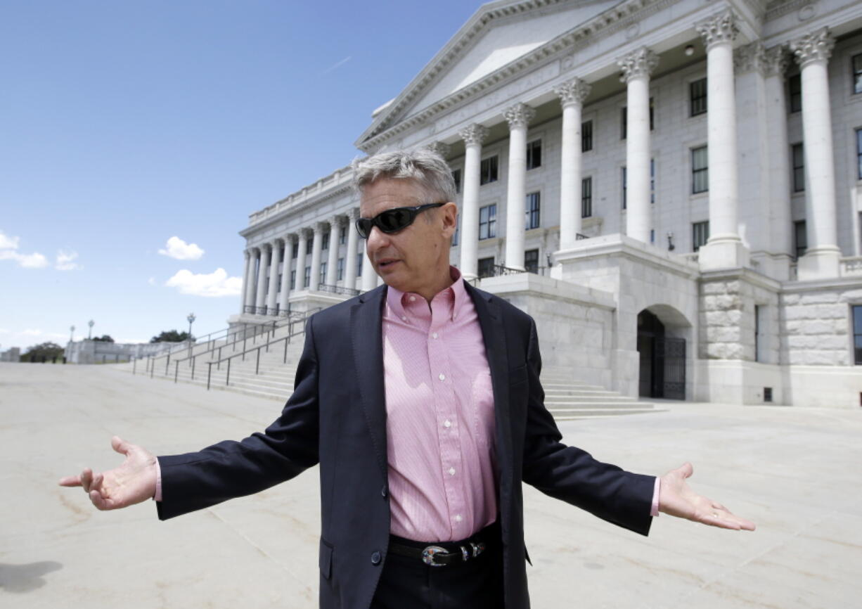 Libertarian presidential candidate, former New Mexico Gov. Gary Johnson leaves May 18 the Utah State Capitol after meeting with legislators, in Salt Lake City.