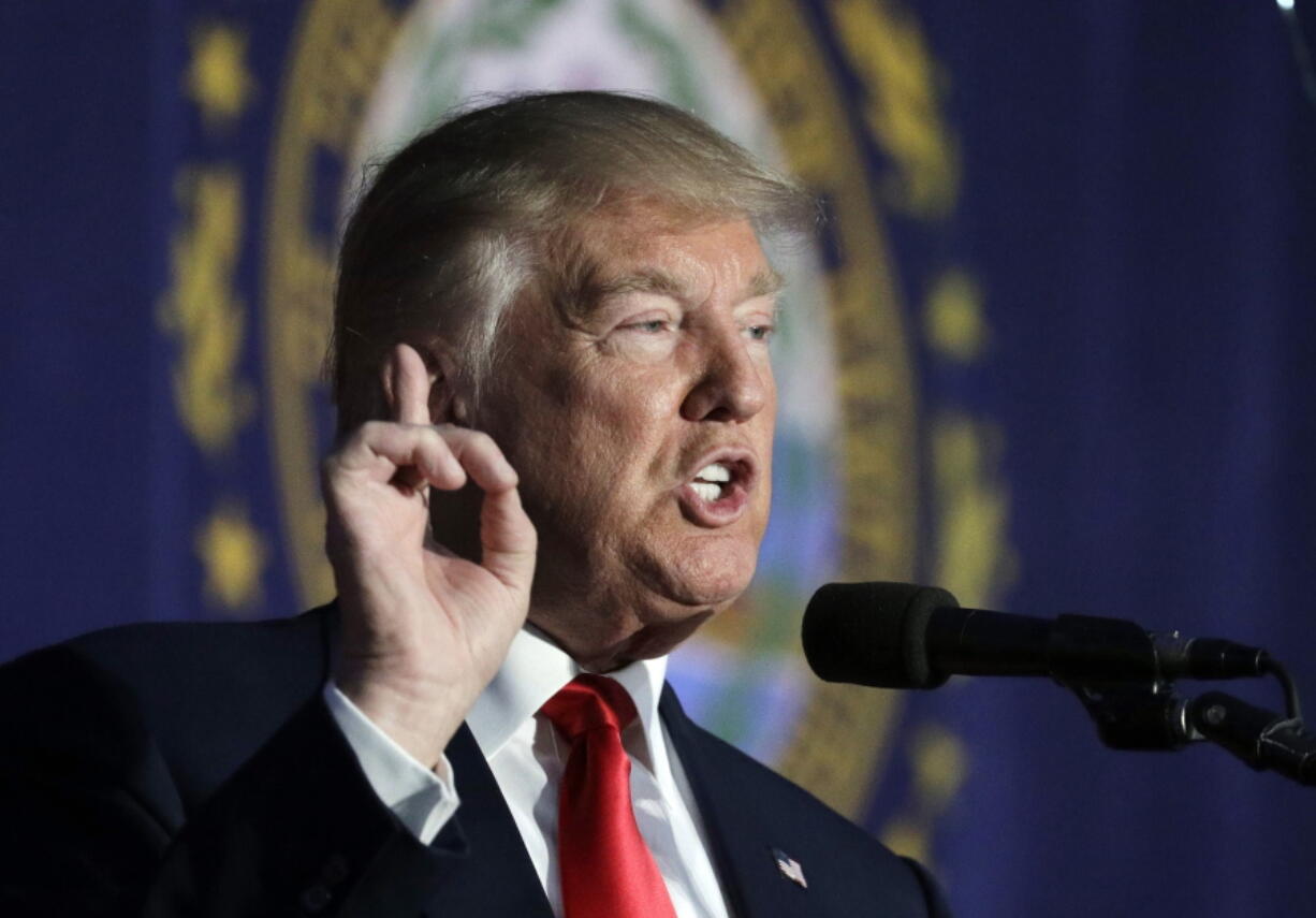 Republican presidential candidate Donald Trump speaks at a campaign rally in Bedford, N.H.