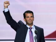 Donald Trump, Jr., son of Republican Presidential Candidate Donald Trump, lifts his fist after speaking at the Republican National Convention in Cleveland. The Anti-Defamation League is calling for Donald Trump&#039;s oldest son to apologize for making what appeared to be a Holocaust-themed joke.  (AP Photo/J.