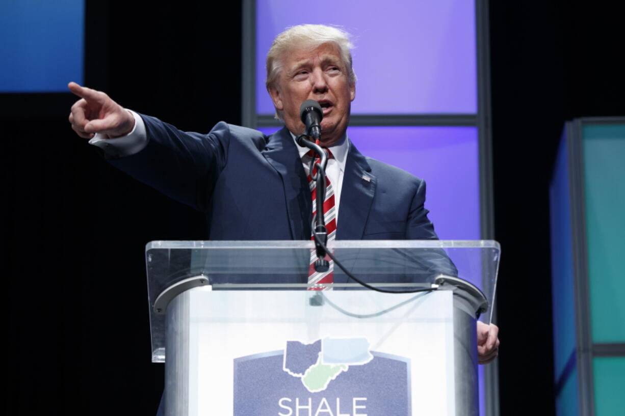 Republican presidential candidate Donald Trump gestures while speaking at the Shale Insight Conference on Thursday in Pittsburgh.