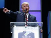 Republican presidential candidate Donald Trump gestures while speaking at the Shale Insight Conference on Thursday in Pittsburgh.