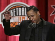 Basketball Hall of Fame inductee Allen Iverson speaks during induction ceremonies at Symphony Hall, Friday, Sept. 9, 2016, in Springfield, Mass.