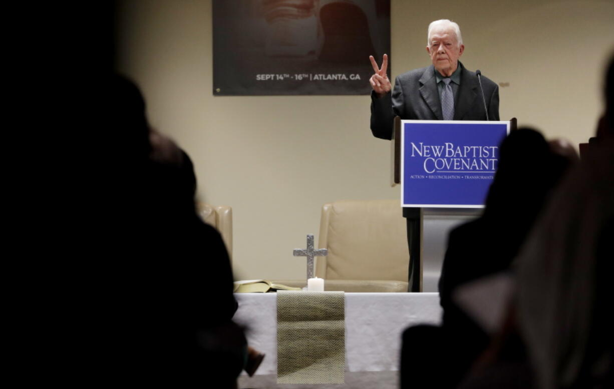 Former President Jimmy Carter speaks on Thursday at a Baptist conference in Atlanta. Carter says the United States is experiencing &quot;a resurgence of racism&quot; and called on Baptist faith leaders to lead change in their communities.