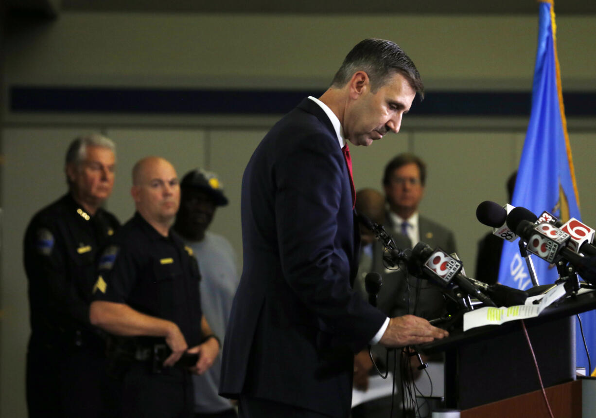 Steve Kunzweiler, Tulsa County District Attorney speaks during a Tulsa Police Department press conference at the Tulsa Police CompStat building Monday, Sept 19, 2016., in Tulsa, Okla.