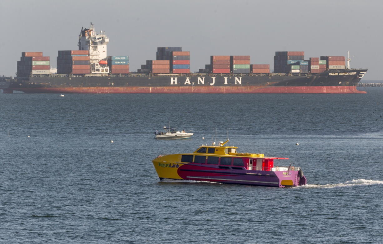 South Korea&#039;s Hanjin Shipping Co. container ship Hanjin Montevideo, top, is anchored outside the Port of Long Beach in Long Beach, Calif., on Thursday, Sept. 1, 2016. The bankruptcy of the Hanjin shipping line has thrown ports and retailers around the world into confusion, with giant container ships marooned and merchants worrying whether tons of goods will reach their shelves. The South Korean giant filed for bankruptcy protection on Wednesday, Aug. 31, and stopped accepting new cargo.