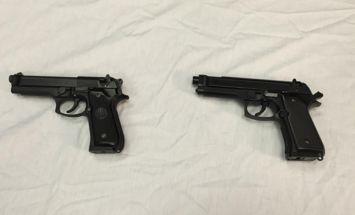 Juliet Linderman, File
FILE - This April 28, 2016, file photo shows a semi-automatic handgun, left, next to a Powerline 340 BB gun, right, similar to a BB gun authorities say a teenager carried when he was shot and wounded by a Baltimore police officer, displayed during a news conference in Baltimore. As Ohio authorities investigate the fatal police shooting Wednesday, Sept. 14, 2016, of Tyre King, who officers said pulled a realistic-looking BB gun from his waistband, law enforcement agencies are grappling with toy or replica firearms used in real crimes. (AP Photo/) (Mark Duncan/Associated Press files)