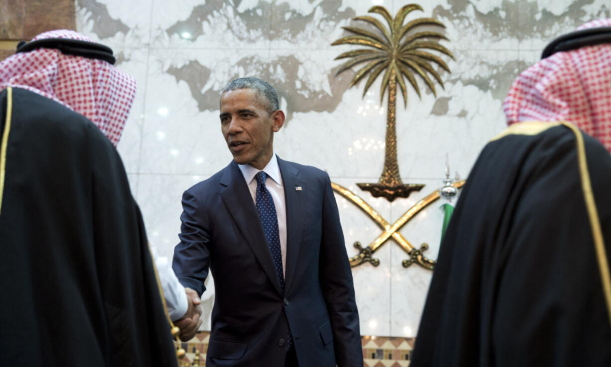 President Barack Obama participates in a receiving line in 2015 with Saudi Arabia&#039;s King Salman bin Abdul Aziz at Erga Palace in Riyadh, Saudi Arabia.