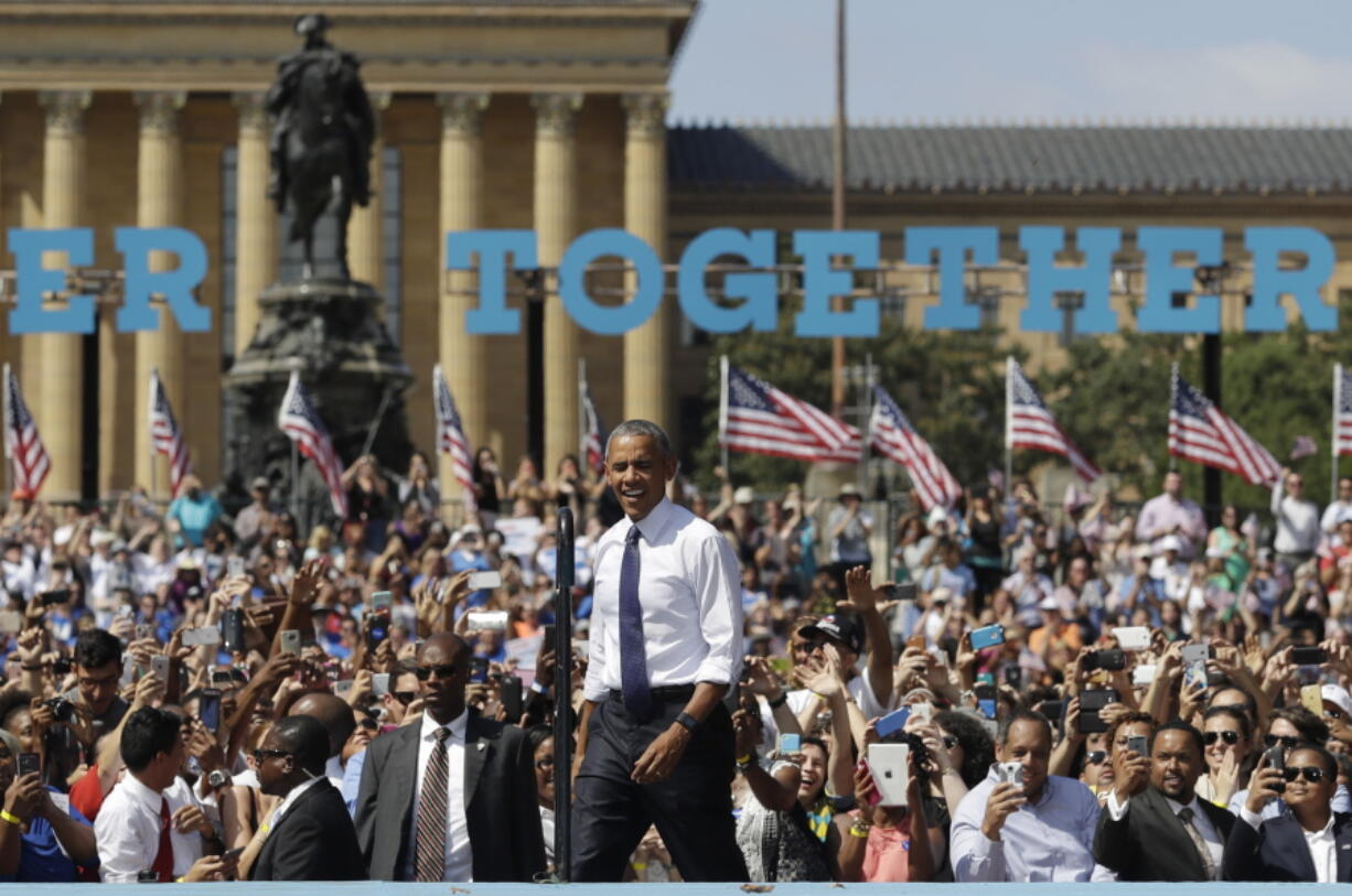 President Barack Obama arrives Tuesday at a campaign event for Democratic presidential candidate Hillary Clinton at Eakins Oval in Philadelphia.