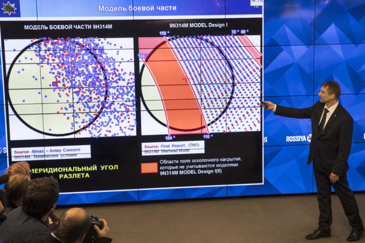 Mikhail Malyshevsky, an adviser to the director of the state-controlled Almaz-Antei consortium, speaks Wednesday in Moscow, Russia, saying that an analysis of the plane&#039;s fragments show that it couldn&#039;t have been downed by a missile launched from a rebel-controlled area in eastern Ukraine. That contradicts findings of an international probe.