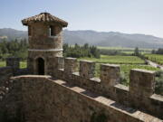 A rampart of the Castello di Amorosa overlooks the Napa Valley in Calistoga, Calif.