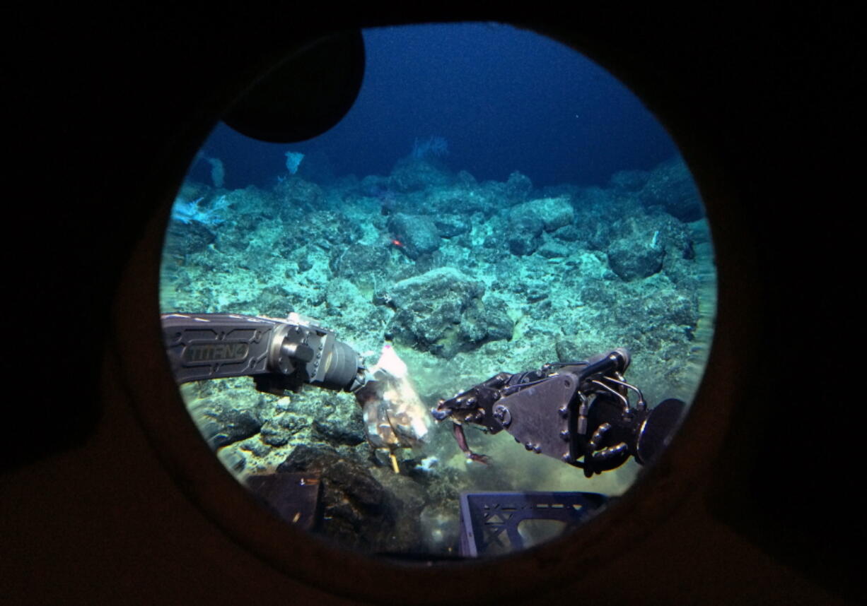 Robotic arms on the Pisces V submersible open a bag of bait on the Cook seamount during a manned dive to the previously unexplored underwater volcano off the coast of Hawaii&#039;s Big Island on Sept. 6, 2016. The Cook seamount is a 13,000-foot extinct volcano at the bottom of the sea whose summit is 3,000 feet below the surface of the Pacific.