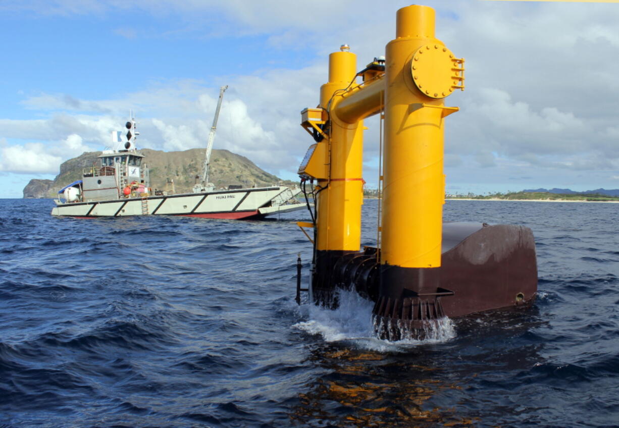 The Azura wave energy device, which is converting the movement of waves into electricity at the Navy&#039;s Wave Energy Test Site at the Marine Corps base at Kaneohe Bay on Oahu in Hawaii.