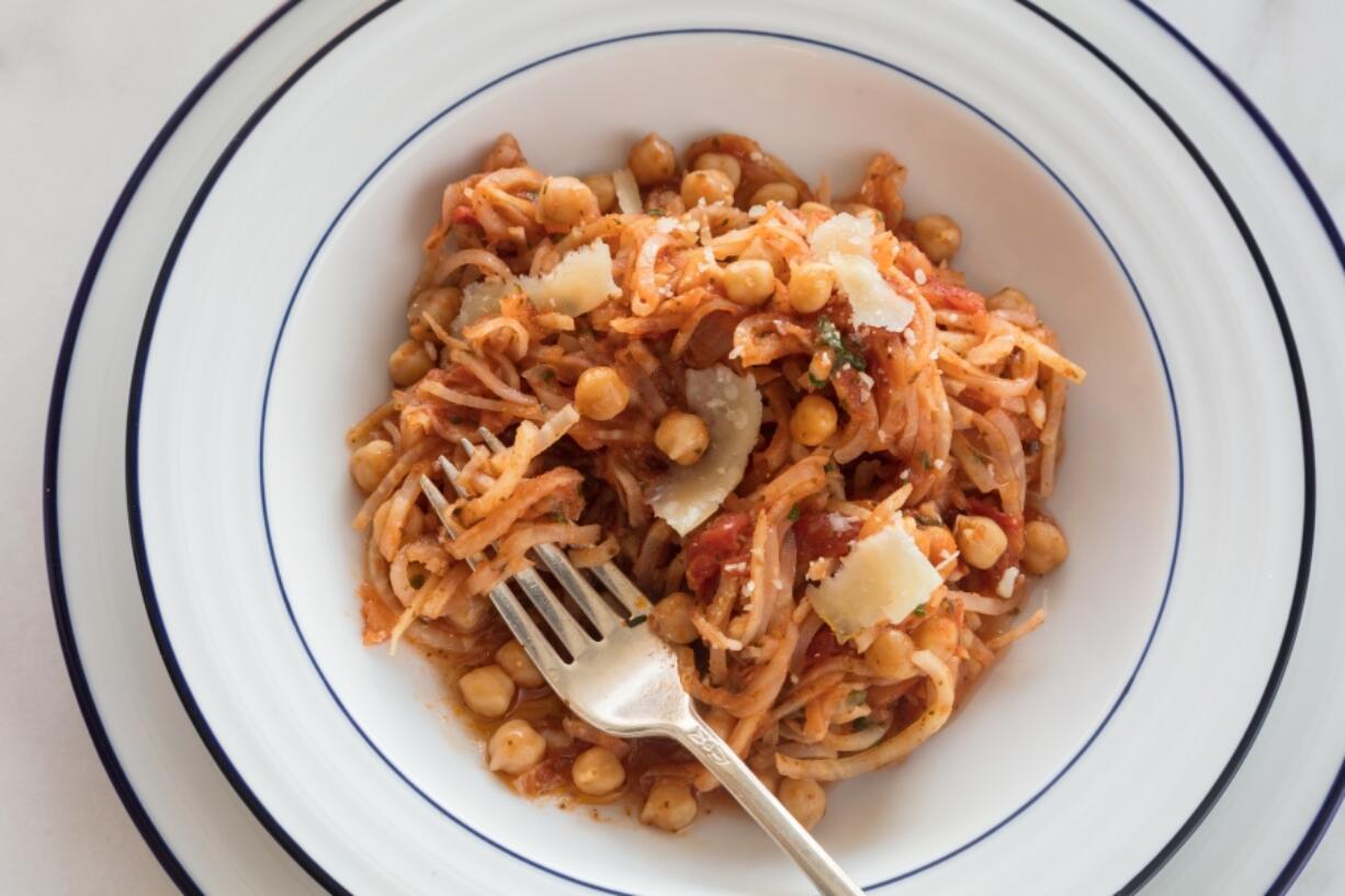 Celeriac Pasta With Chickpeas and Marinara Sauce (Goran Kosanovic for The Washington Post)