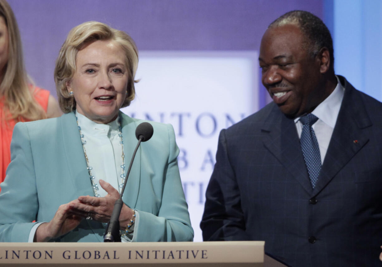 Hillary Clinton, left, is joined by Ali Bongo Ondimba, President of Gabon, at the Clinton Global Initiative, on Sept. 13, 2013 after announcing the Partnership to Save Africa&#039;s Elephants.