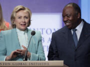 Hillary Clinton, left, is joined by Ali Bongo Ondimba, President of Gabon, at the Clinton Global Initiative, on Sept. 13, 2013 after announcing the Partnership to Save Africa&#039;s Elephants.