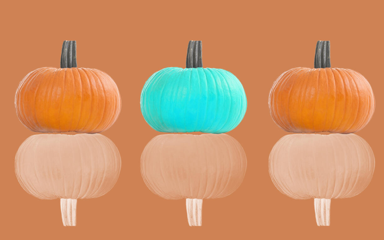 A teal-colored pumpkin represents food allergy awareness among all the orange pumpkins.