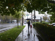 Suzanne Mark and Ethan Parker, 3, try to keep dry while walking to the Vancouver Public Library in the rain on Oct. 13, when 2.06 inches of rain fell.