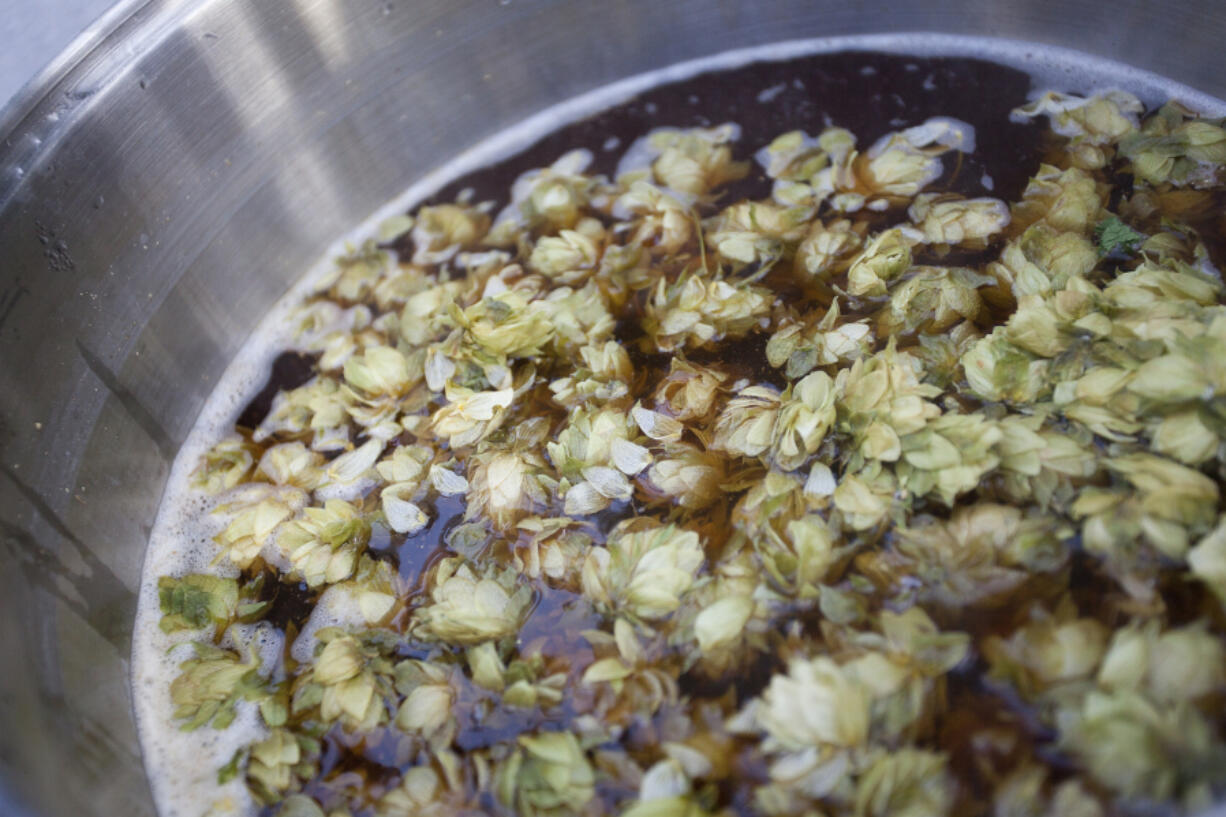 Jarrad Isch adds hops to a batch of beer during an informal neighborhood brewers guild.