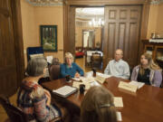 Jeanne Bennett of Workforce Southwest Washington, from left, speaks with U.S. Sen. Patty Murray, D-Wash., as Don Orange and Alex Roberts of Hoesly Automotive look on Wednesday morning at the Marshall House in Vancouver. Murray was in town to talk about guaranteed sick leave.