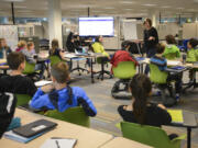 Tiffany Morrisey leads her seventh-grade class in a lesson at the Camas Project-Based Learning Middle School.