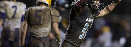 Hockinson's Wyatt Jones (31) celebrates after a Columbia River field goal attempt is no good in the third quarter at Hockinson High School on Friday night, Oct. 14, 2016.