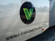 View of the side panel of C-Tran's new bus designed for the Vine, Vancouver's new transit corridor.