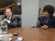 Candidates for state superintendent of public instruction, Chris Reykdal, left, and Erin Jones met Monday with The Columbian&#039;s editorial board.