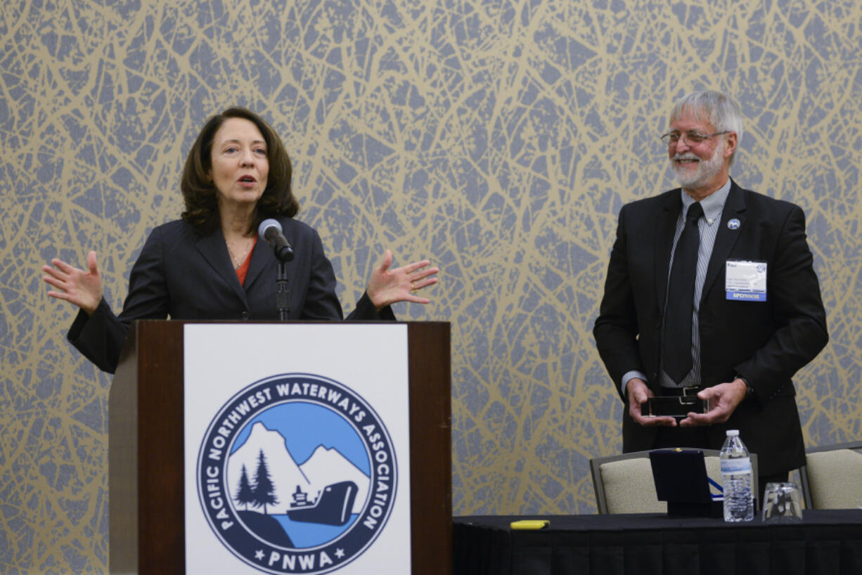 U.S. Sen. Maria Cantwell, D-Wash., received an award from the Pacific Northwest Waterways Assocation at the organization&#039;s annual convention on Wednesday, held at the Hilton Vancouver Washington.