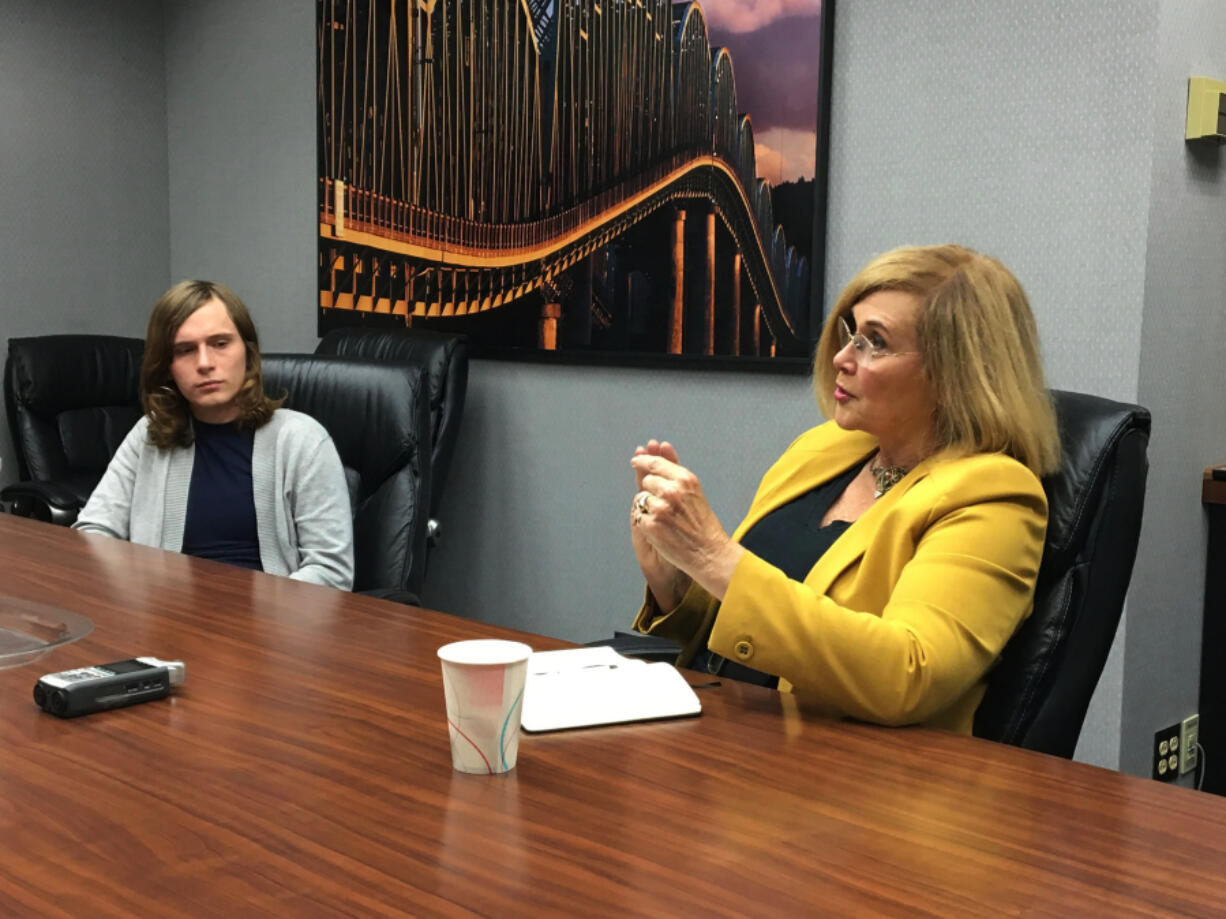 Kaitlyn Beck, left, and incumbent Sharon Wylie, both Democrats, talk on Tuesday with The Columbian&#039;s editorial board. Beck is running against Wylie for her seat as state representative in the 49th District, Position 1.