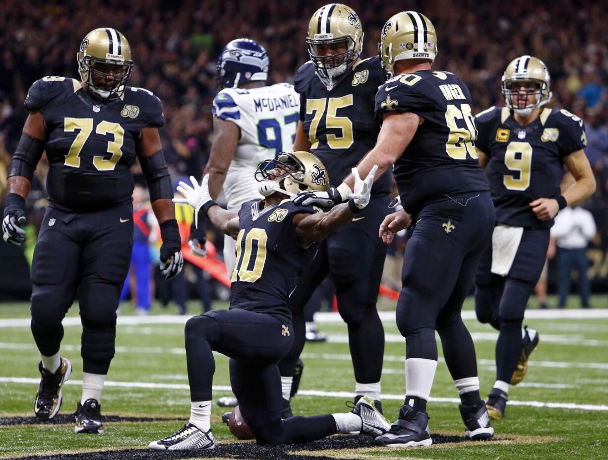 New Orleans Saints wide receiver Brandin Cooks (10), a former Oregon State standout, celebrates his touchdown reception in the second half of an NFL football game against the Seattle Seahawks in New Orleans, Sunday, Oct. 30, 2016.