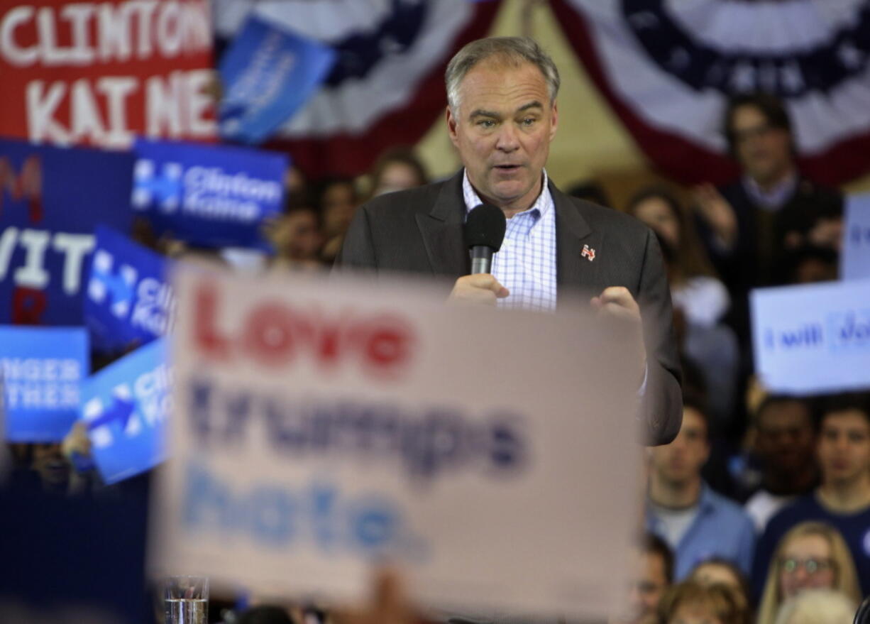 Democratic vice presidential nominee, Tim Kaine, D-Va., speaks at Kenyon College during a campaign rally in Gambier, Ohio, on Thursday.