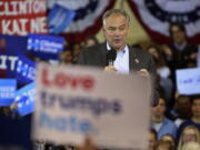 Democratic vice presidential nominee, Tim Kaine, D-Va., speaks at Kenyon College during a campaign rally in Gambier, Ohio, on Thursday.