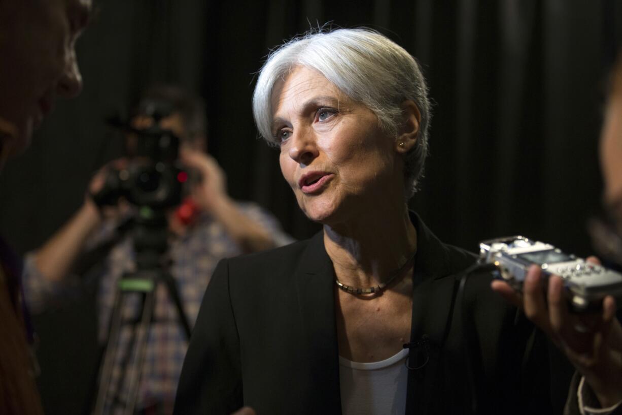 Green party presidential candidate Jill Stein answers questions from members of the media during a campaign stop at Humanist Hall in Oakland, Calif. on Thursday, Oct. 6, 2016. (AP Photo/D.