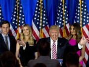 Republican presidential candidate Donald Trump, joined by his wife, Melania, daughter Ivanka and son-in-law Jared Kushner, speaks during a news conference at the Trump National Golf Club Westchester in Briarcliff Manor, N.Y. Ushering Trump toward a more analytical approach is Jared Kushner.