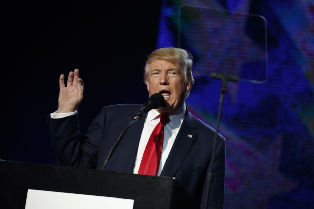 Republican presidential candidate Donald Trump speaks to the Republican Hindu Coalition on Saturday in Edison, N.J.