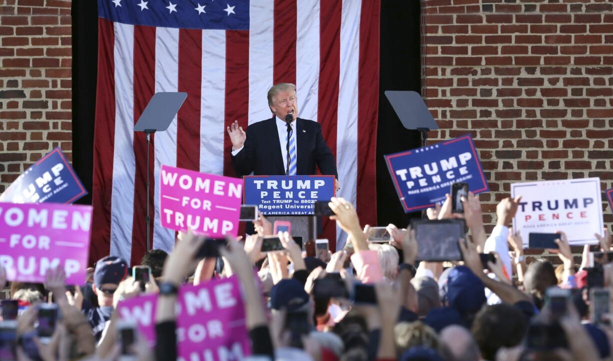 Republican presidential candidate Donald Trump speaks during a campaign stop at Regent University in Virginia Beach, Va., on Saturday, Oct. 22, 2016.