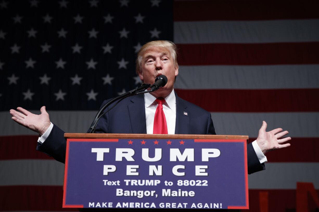 Republican presidential candidate Donald Trump speaks at a campaign rally in Bangor, Maine on Saturday, Oct. 15, 2016.