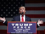 Republican presidential candidate Donald Trump speaks at a campaign rally in Bangor, Maine on Saturday, Oct. 15, 2016.