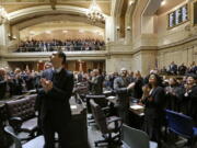 Legislators in a joint session applaud toward an upper gallery in the House chambers as Gov. Jay Inslee recognizes individuals during his annual state of the state address, in Olympia. A handful of races could decide whether there&#039;s a shake-up in the Washington Legislature this November, as Democrats hope to regain control of the Senate and Republicans have their eye on a majority in the House. All 98 seats in the House are up for election Nov. 8, and 26 of the Senate&#039;s 49 seats will also be decided by voters.