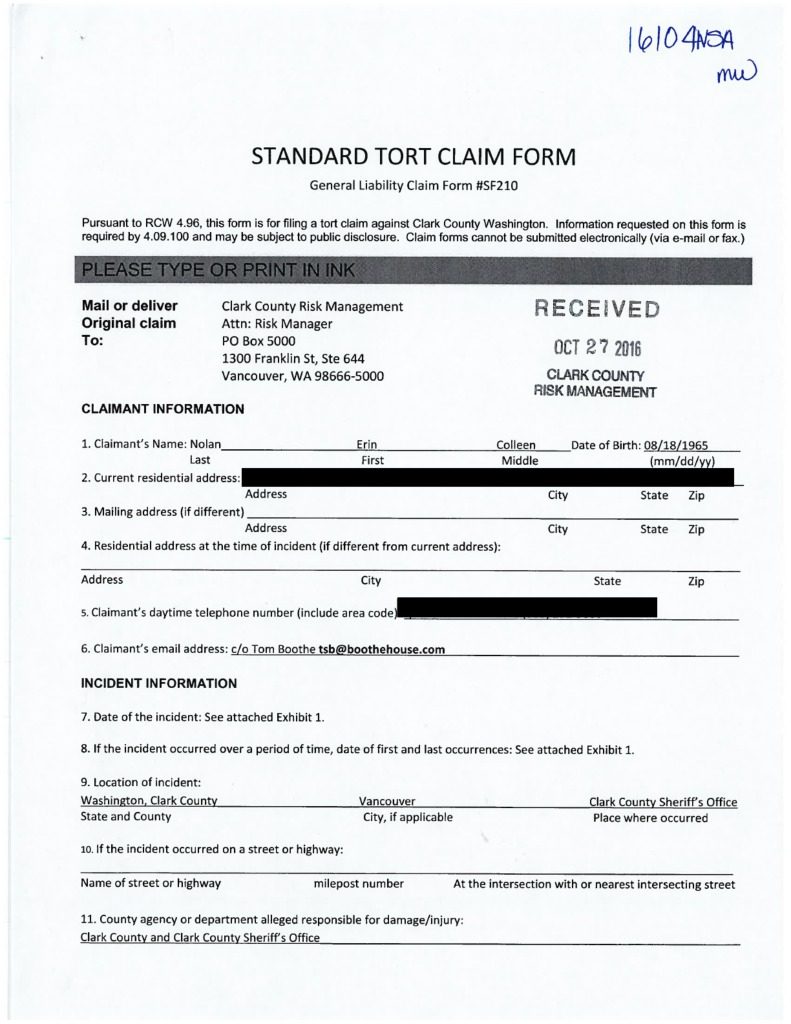 Former Clark County Sheriff's Office employee Erin Nolan's tort claim. PDF