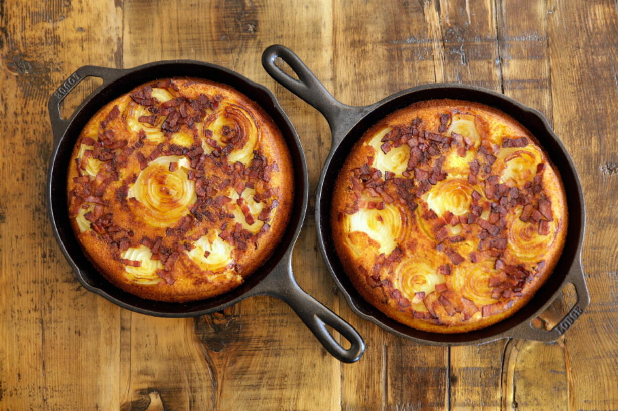 Vidalia onion cornbread baked in a cast iron skillet at the Institute of Culinary Education in New York.