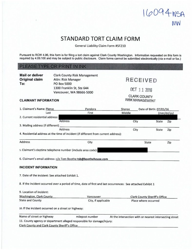 Former Clark County Sheriff's Office employee Pandora Pierce's tort claim. PDF