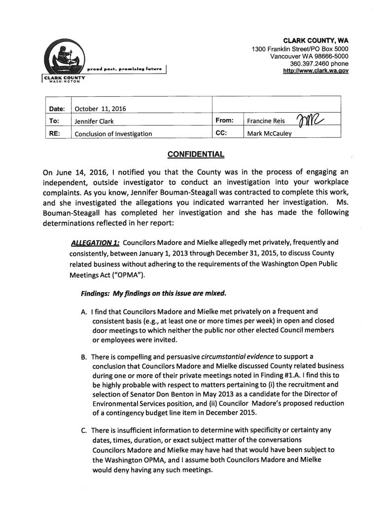 An investigator found mixed results related to a whistleblower complaint against Councilor David Madore against Jennifer Clark, an administrative staffer in the Clark County councilors' office. PDF