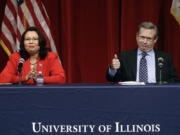 Republican U.S. Sen. Mark Kirk, right, and Democratic U.S. Rep. Tammy Duckworth, left, face off in their first televised debate in what&#039;s considered a crucial race that could determine which party controls the Senate on Thursday at the University of Illinois in Springfield, Ill.