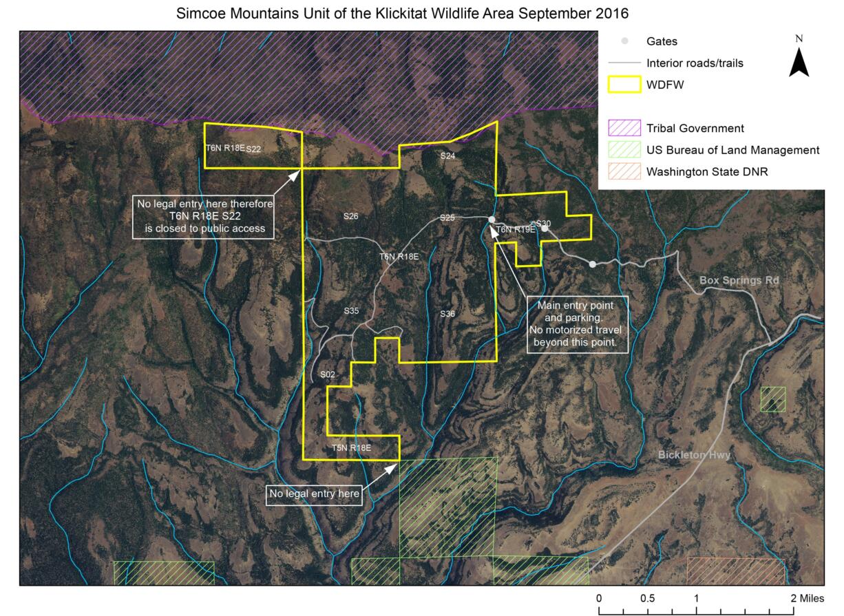 Access to the Simcoe Mountains unit of the Klickitat Wildlife Area is via Bickleton Highway and Box Springs Road.