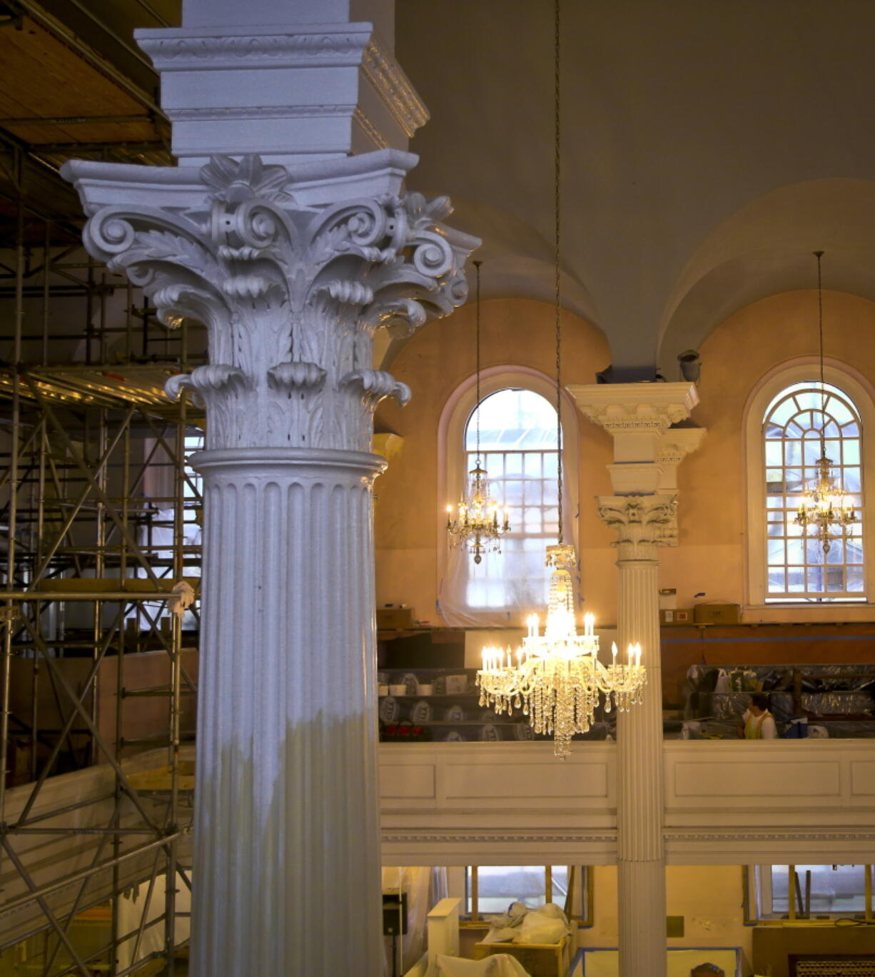 A section of St. Paul&#039;s Chapel is shown during a months-long interior restoration in New York. The renovation will be unveiled on its anniversary date Oct. 30, along with a &quot;9/11 Chapel of Remembrance&quot; area for quiet reflection that also contains artifacts of the attacks.