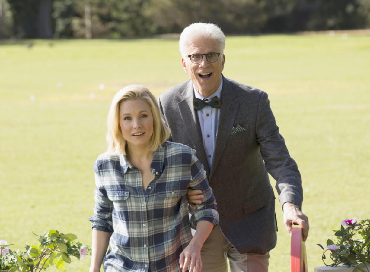 Kristen Bell as Eleanor and Ted Danson as Michael in a scene from &quot;The Good Place,&quot; airing 8:30 p.m. Thursdays on NBC.