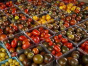 This Saturday, Aug. 1, 2015 photo shows a variety of miniature tomatoes displayed for sale at a farmers market in Falls Church, Va. Cooling tomatoes below 54 degrees stops them from making some of the substances that contribute to their taste, say researchers. That robs the fruit of flavor, whether it happens in a home refrigerator or in cold storage before the produce reaches the grocery shelf, according to a report released Monday, Oct. 17, 2016, by the Proceedings of the National Academy of Sciences. (AP Photo/J.